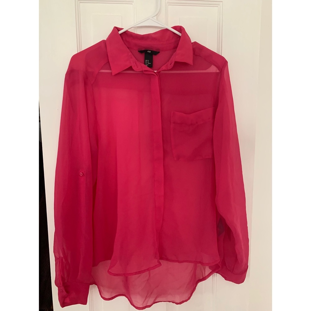 Pink long sleeve blouse with front pocket